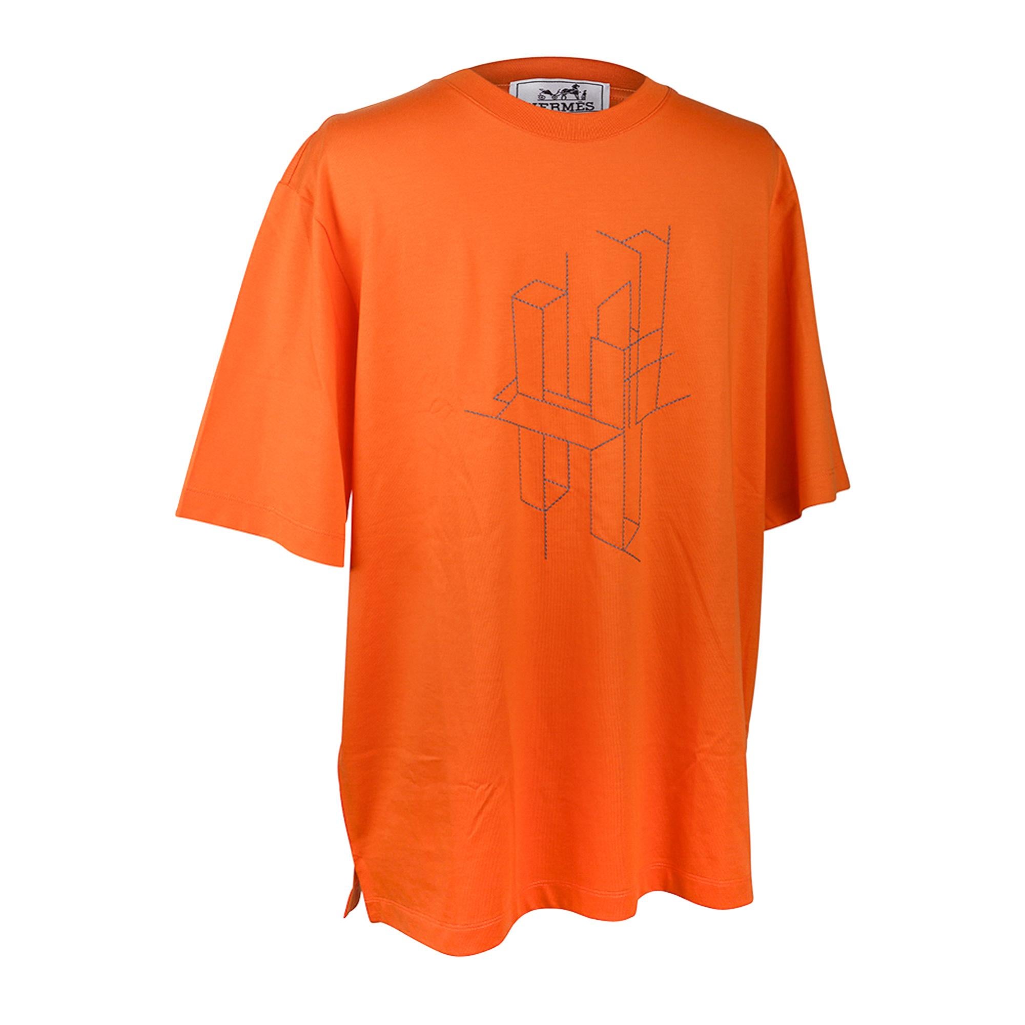  T-shirt Hermès pour homme H avec broderie 3D en coton orange, taille M Pour hommes 