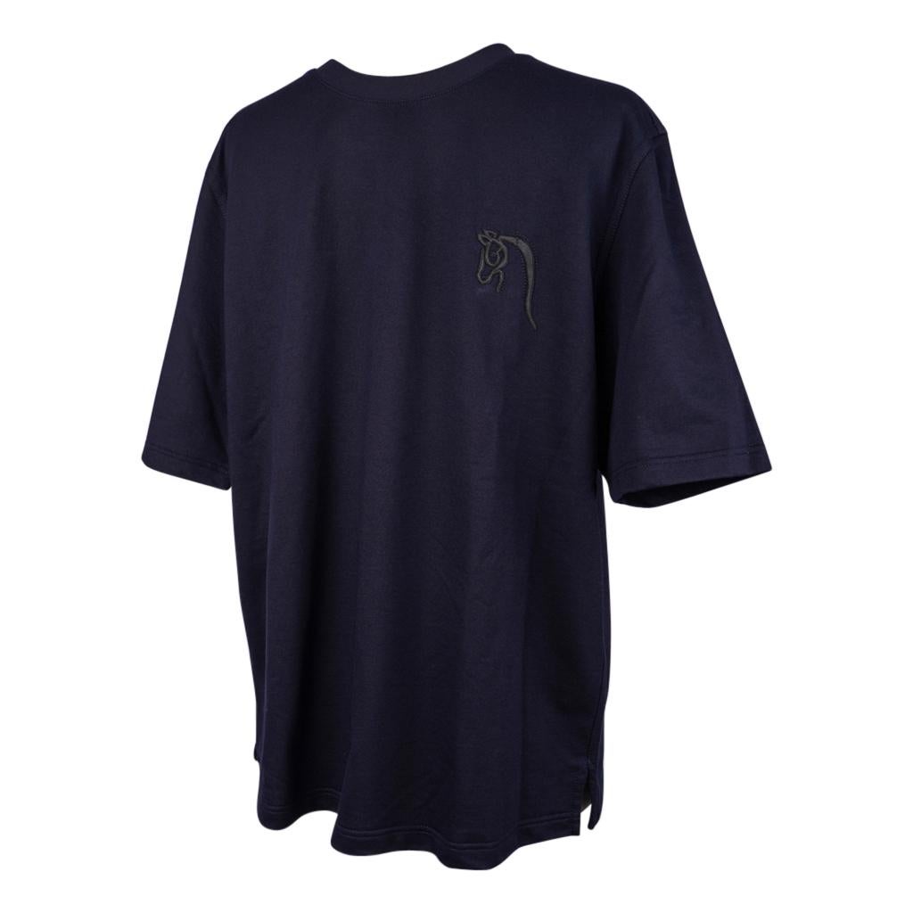 Black Hermes Men's T-Shirt H Mini Patch Cuir Marine Cotton M For Sale