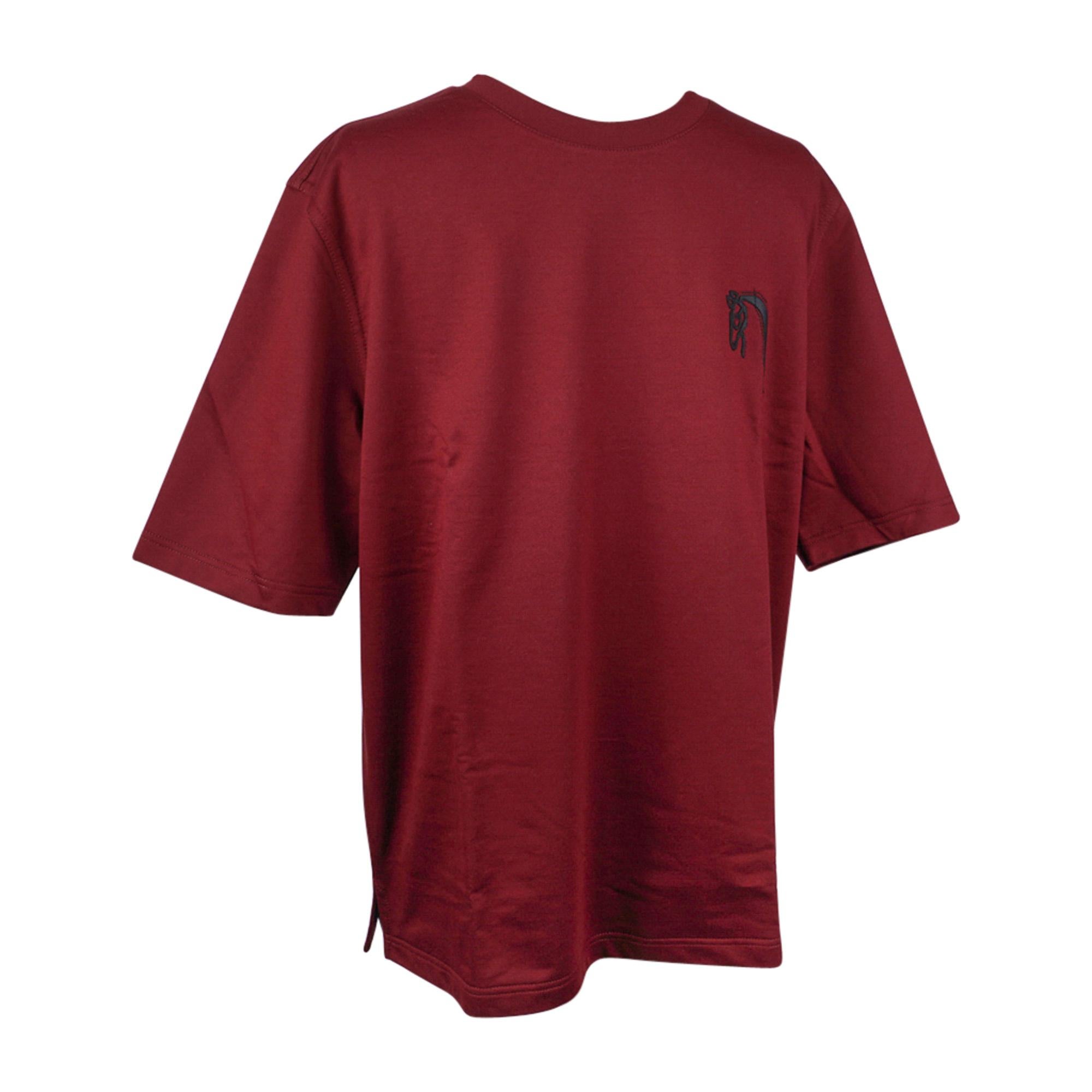 Red Hermes Men's T-Shirt H Mini Patch Cuir Rouge H Cotton M For Sale