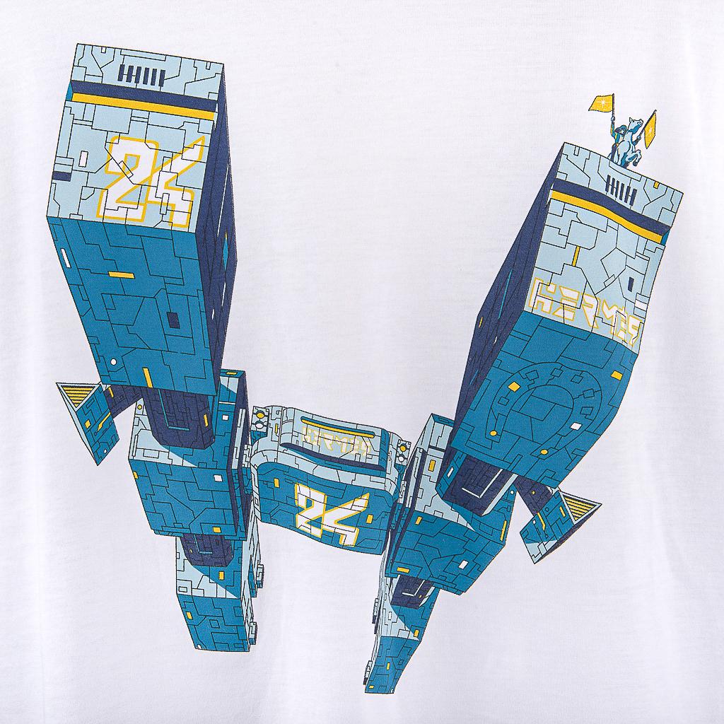 Guaranteed authentic Hermes Odyssee T-Shirt featured in White with Blue.
Graphic Tee depicting a spacecraft.
Short sleeve T with crew neck. 
Fabric is cotton jersey.  
NEW or NEVER WORN 
final sale  

SIZE L      

TOP MEASURES: 
LENGTH 
