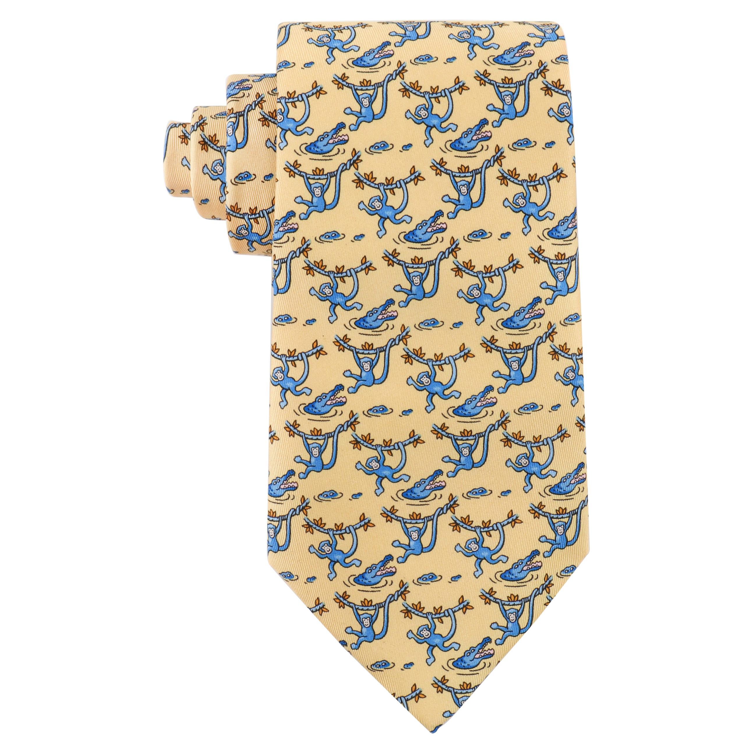 HERMES Men’s Yellow Blue Monkey Crocodile 5-Fold Silk Necktie Tie 7682 TA w/Tags