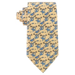 HERMES Men’s Yellow Blue Monkey Crocodile 5-Fold Silk Necktie Tie 7682 TA w/Tags