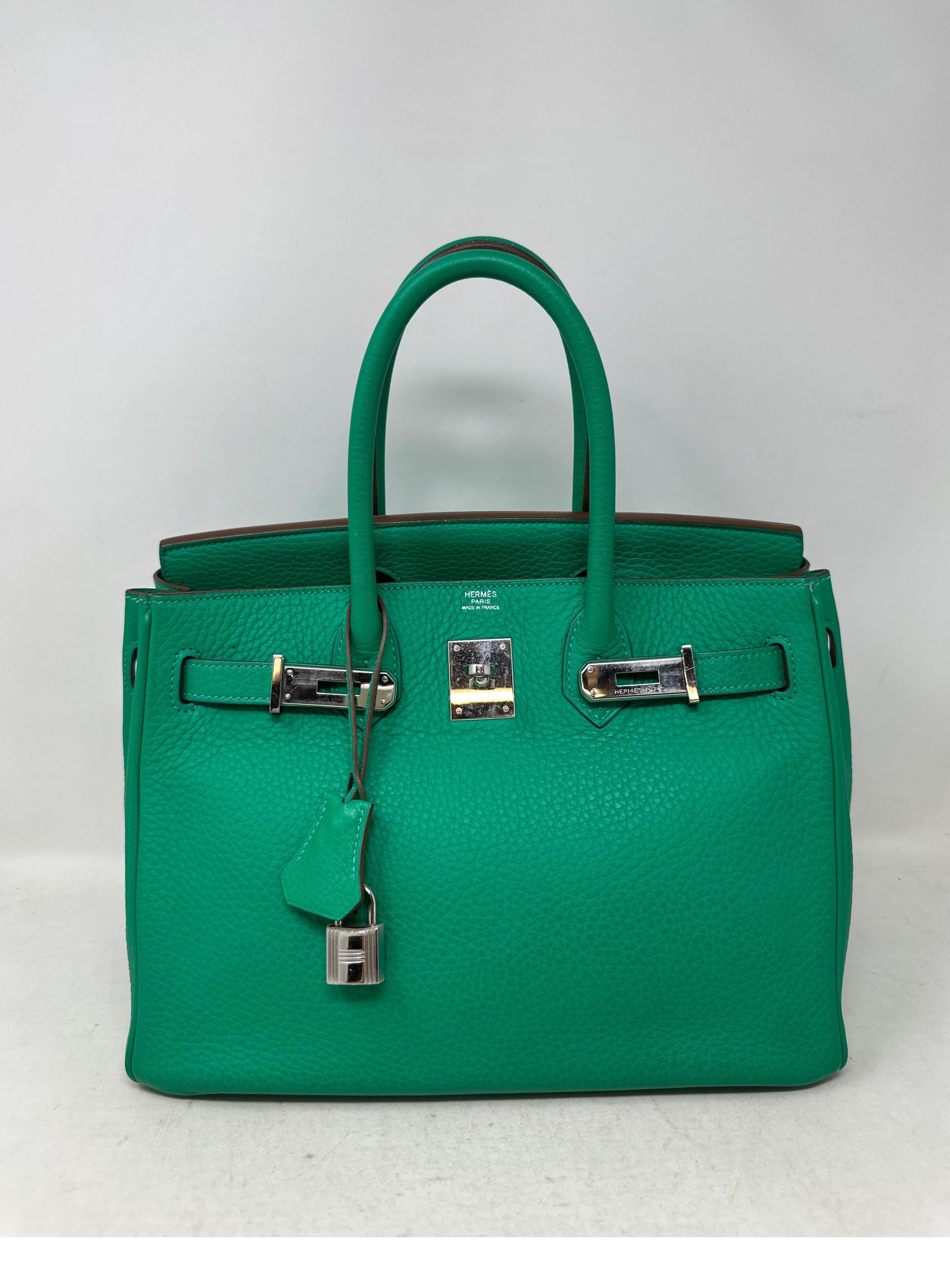 Hermes Menthe Birkin 30 Bag. Clemence leather. Palladium silver hardware. Minty green color. Very good condition. Light wear on the silver hardware. Interior clean. Includes clochette, lock, keys, and dust bag. Guaranteed authentic. 