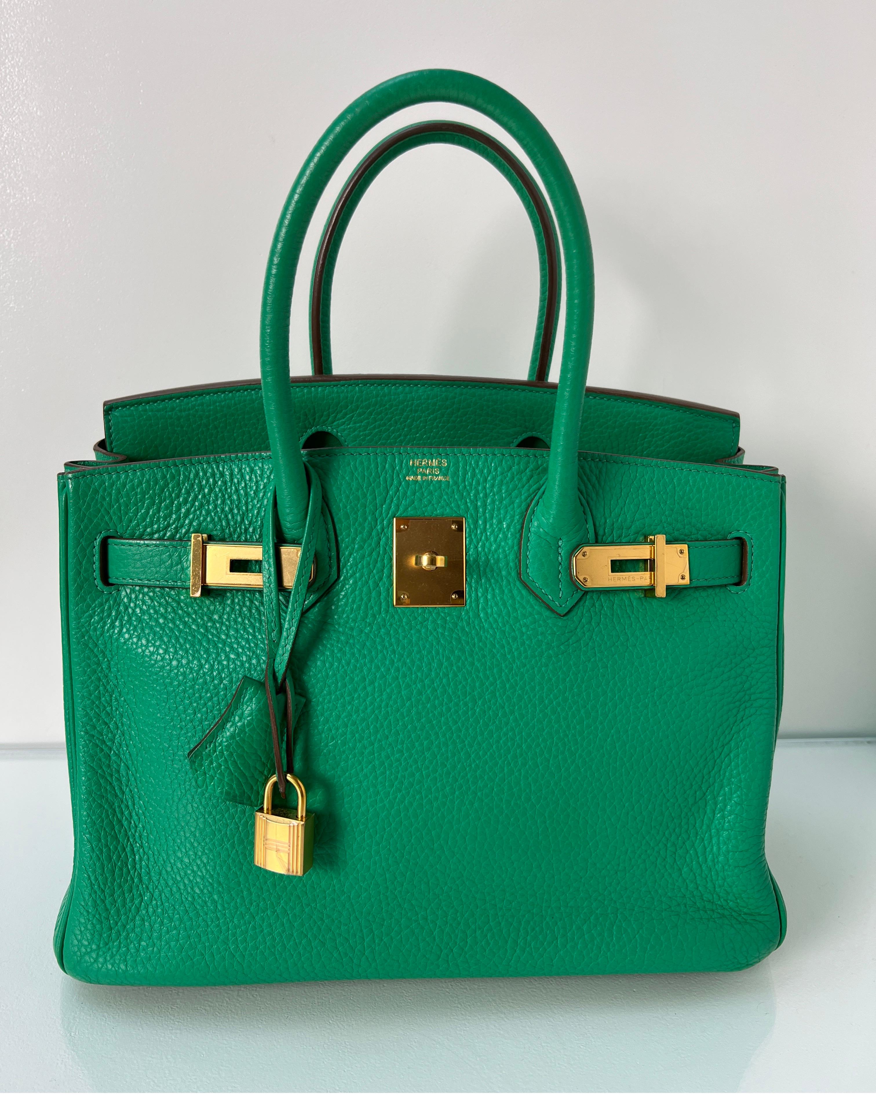 Hermes Menthe Birkin 30 Bag. Green menthe looks minty green color. Most wanted size 30 too. Gold hardware. Clemence leather. Interior clean. Bag is in very good condition. Includes clochette, lock, keys, and dust bag. Guaranteed authentic. 