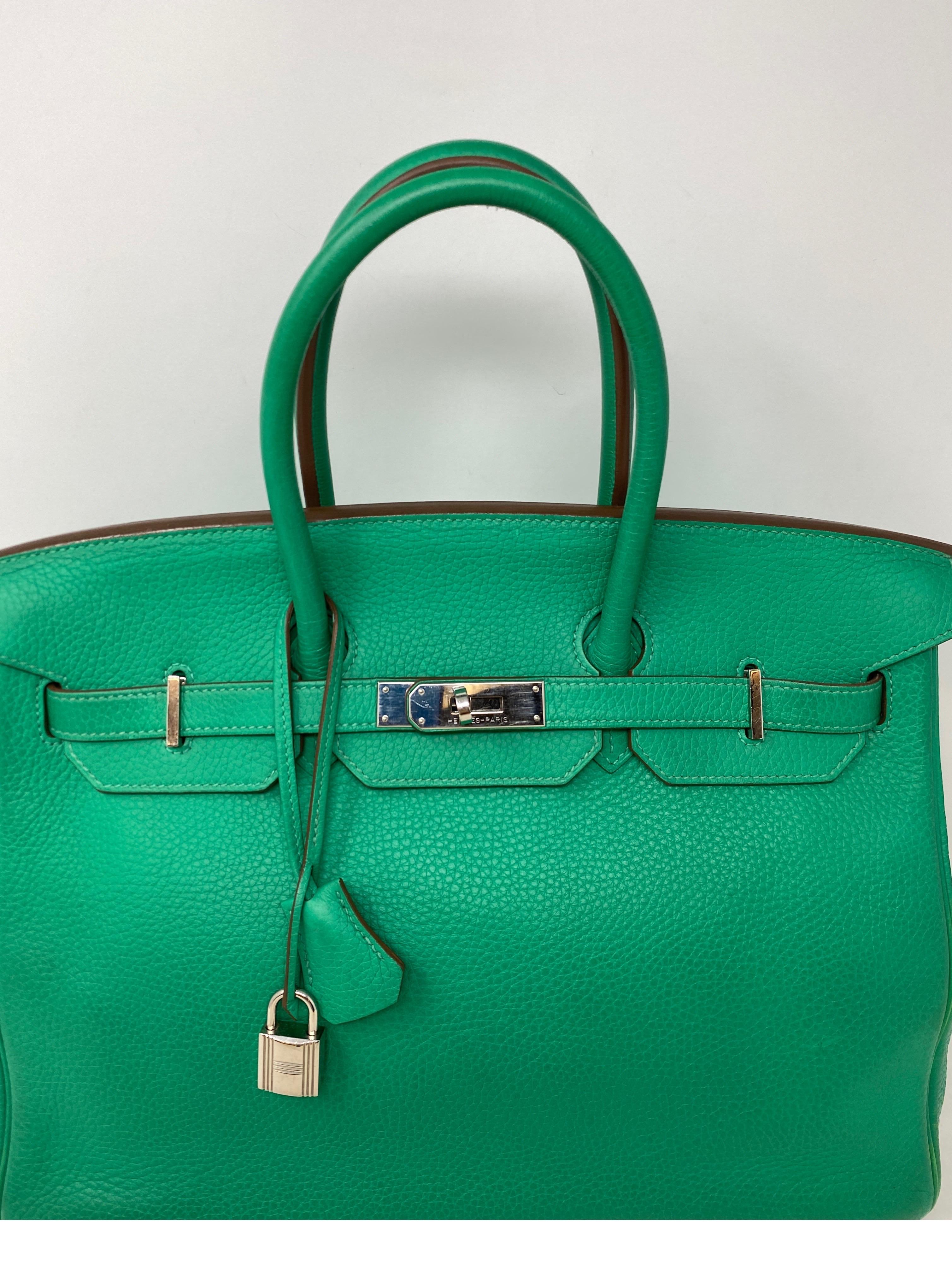 Hermes Menthe Birkin 35 Bag. Excellent condition. Minty green unique color. Palladium hardware. Excellent condition. Clemence leather. Includes clochette, lock ,keys, and dust cover. Guaranteed authentic. 