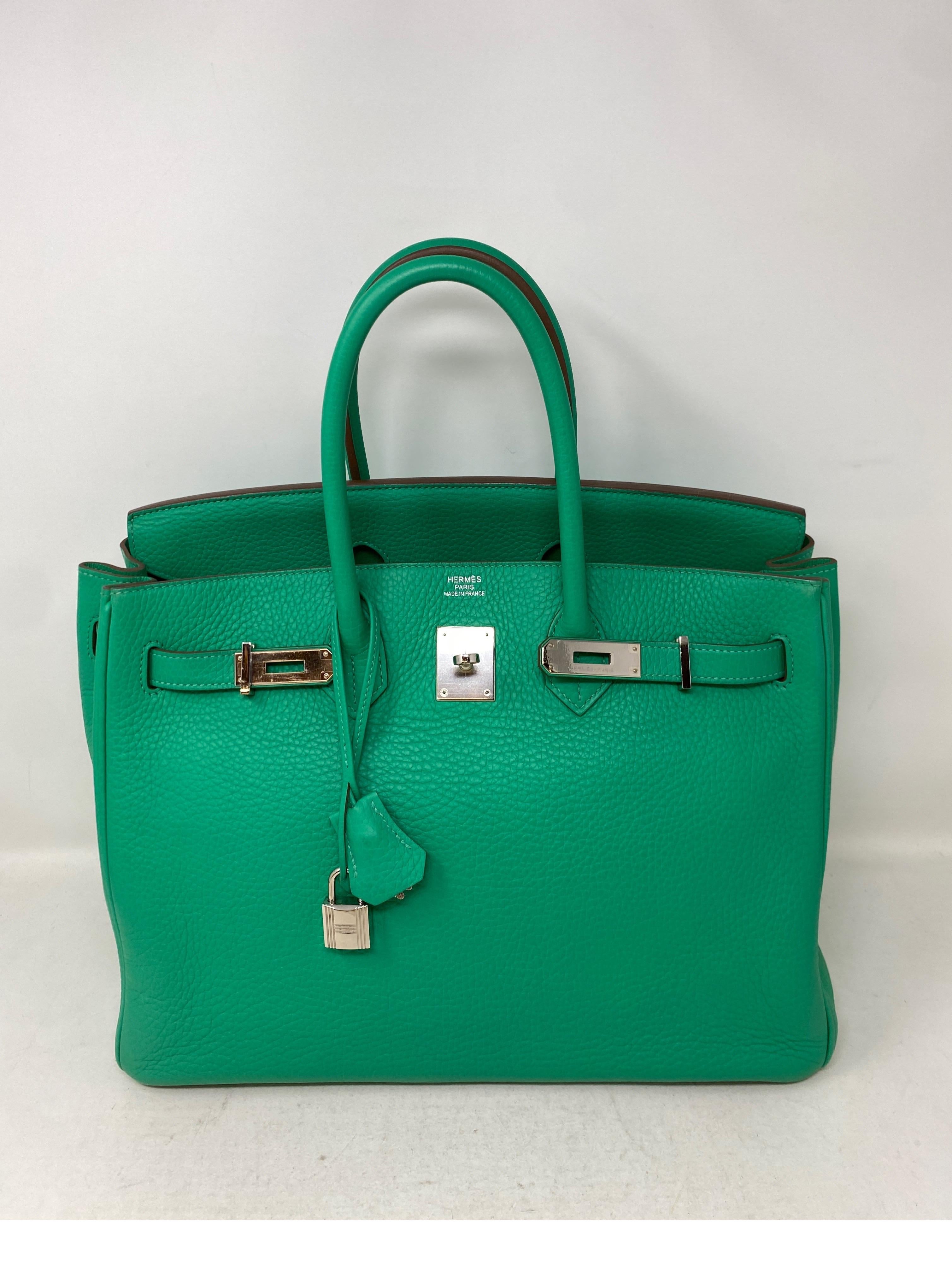 Hermes Menthe Birkin 35 Bag. Palladium silver hardware. Excellent condition. Minty green color bag. Neutral green color. Clemence leather. Sturdy leather and very clean. Interior like new. Includes clochette, lock, keys, and dust bag. Guaranteed