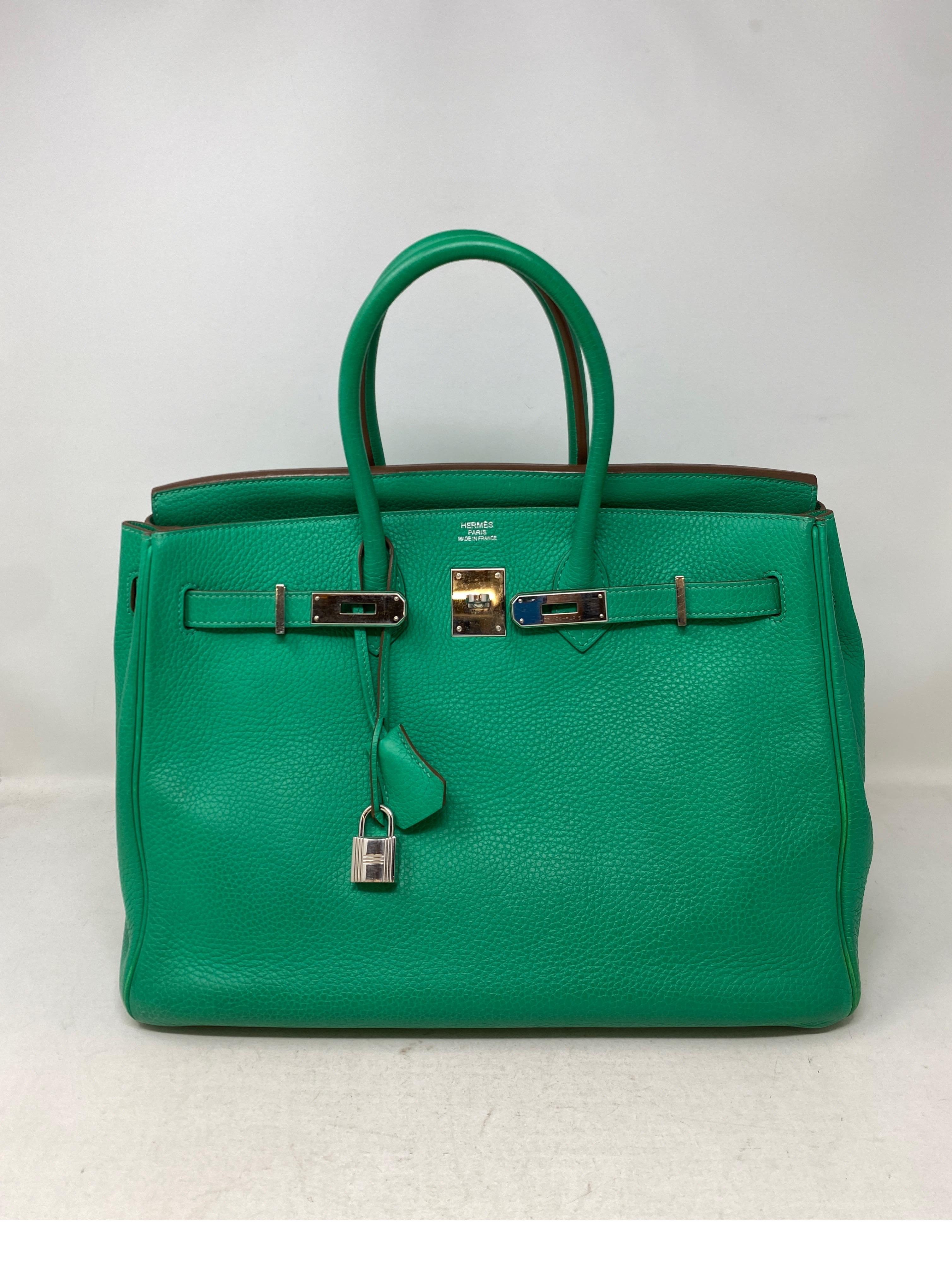 Hermes Menthe 35 Birkin Bag. Beautiful mint green color bag. Palladium silver hardware. Good condition. Interior clean. Exterior good condition. Unique minty green color. Clemence leather. Includes clochette, lock, keys, and dust bag. Guaranteed