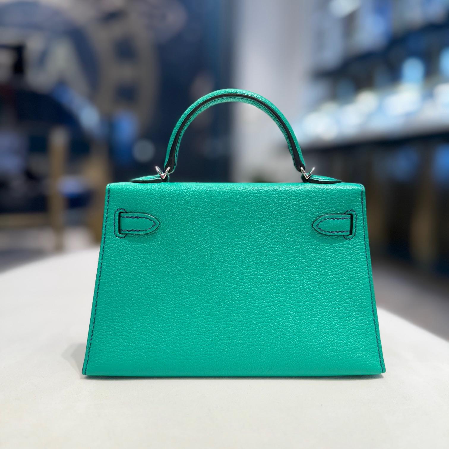 Blue Hermès Menthe Mini Kelly 20 Sellier HSS Chèvre Mysore Leather Palladium Hardware For Sale