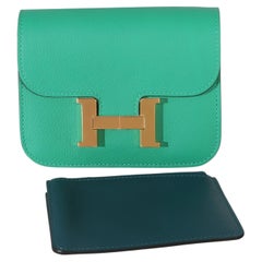 Hermès Menthe Vert Bosphore Evercolor Bicolore Constance Slim Wallet GHW