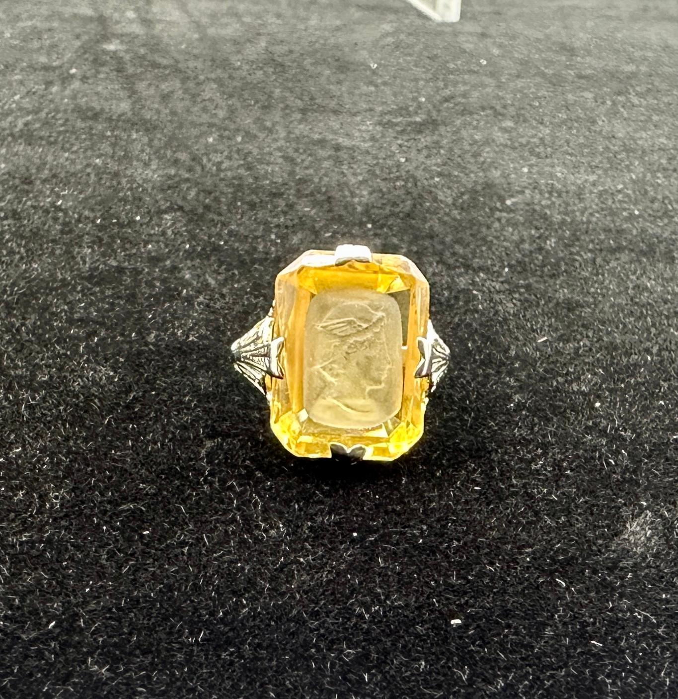 Hermes Mercury Citrine Intaglio Ring 18 Karat White Gold Neoclassical Victorian For Sale 5