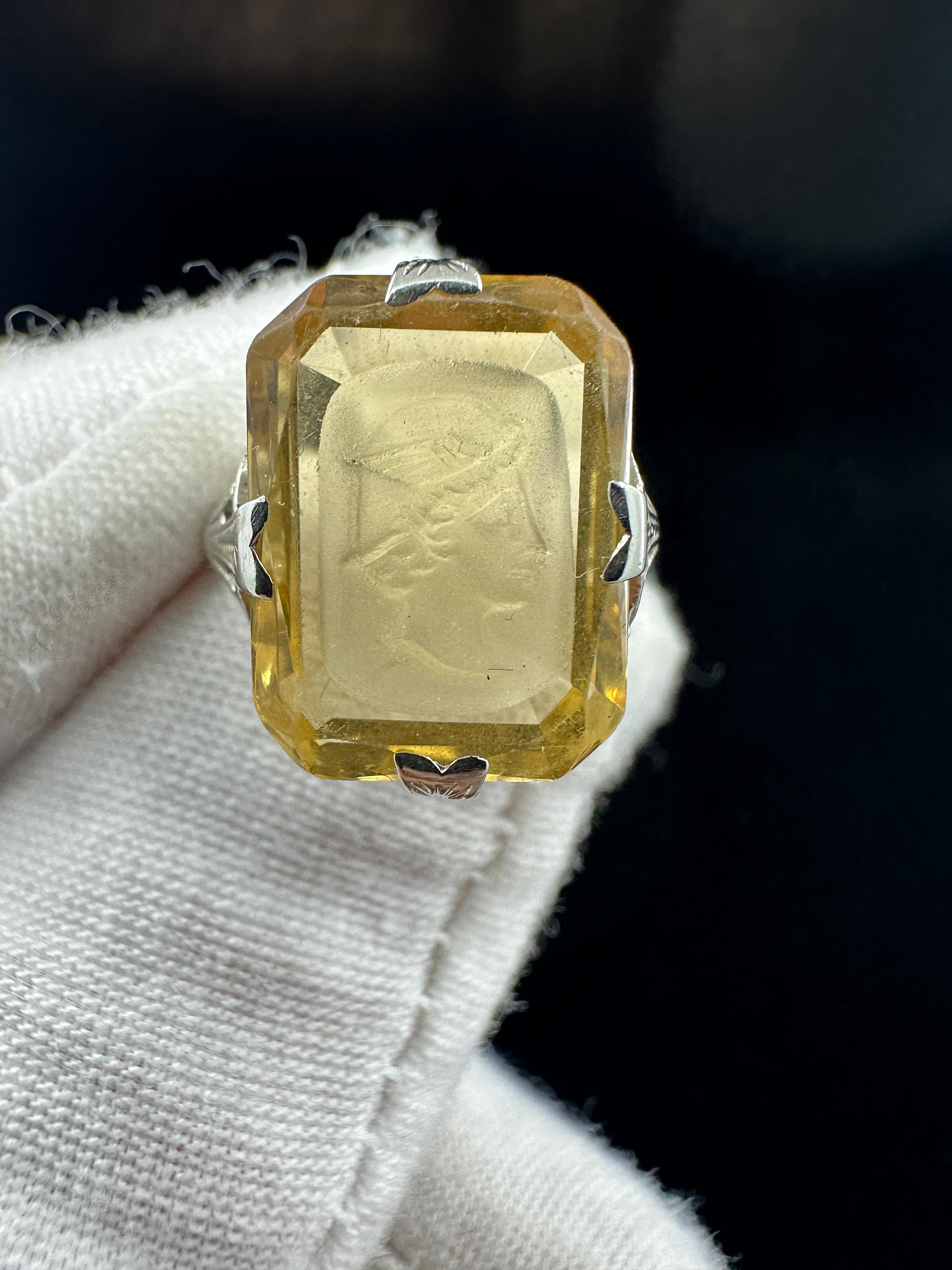 Portrait Cut Hermes Mercury Citrine Intaglio Ring 18 Karat White Gold Neoclassical Victorian For Sale