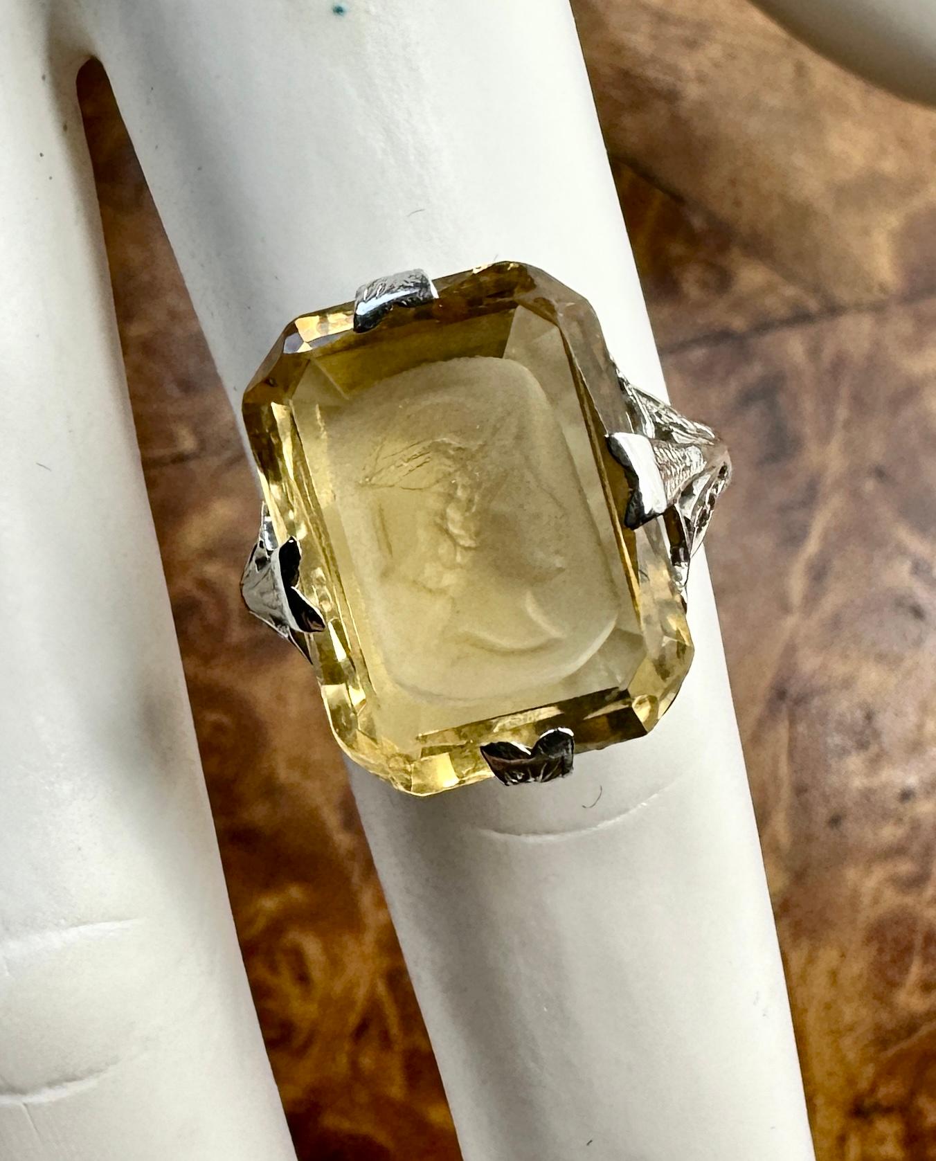 Hermes Mercury Citrine Intaglio Ring 18 Karat White Gold Neoclassical Victorian In Excellent Condition For Sale In New York, NY