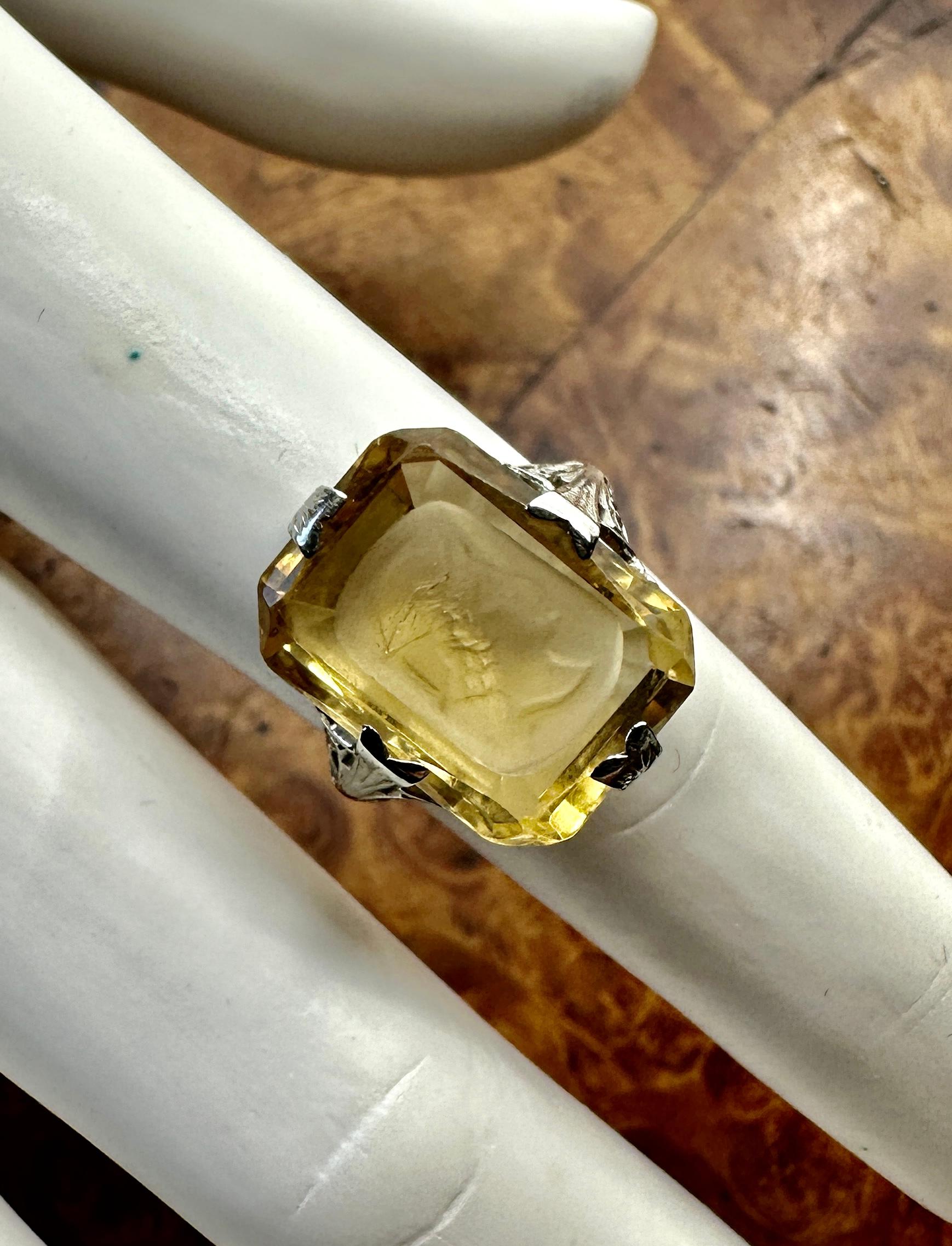 Women's or Men's Hermes Mercury Citrine Intaglio Ring 18 Karat White Gold Neoclassical Victorian For Sale