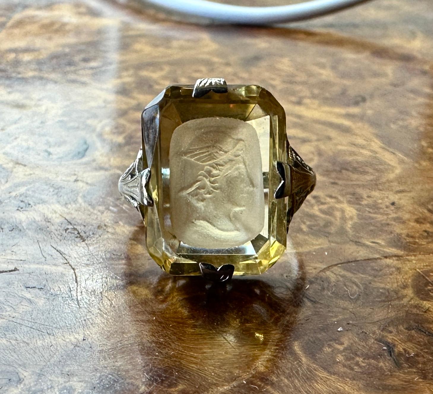 Hermes Mercury Citrine Intaglio Ring 18 Karat White Gold Neoclassical Victorian For Sale 3