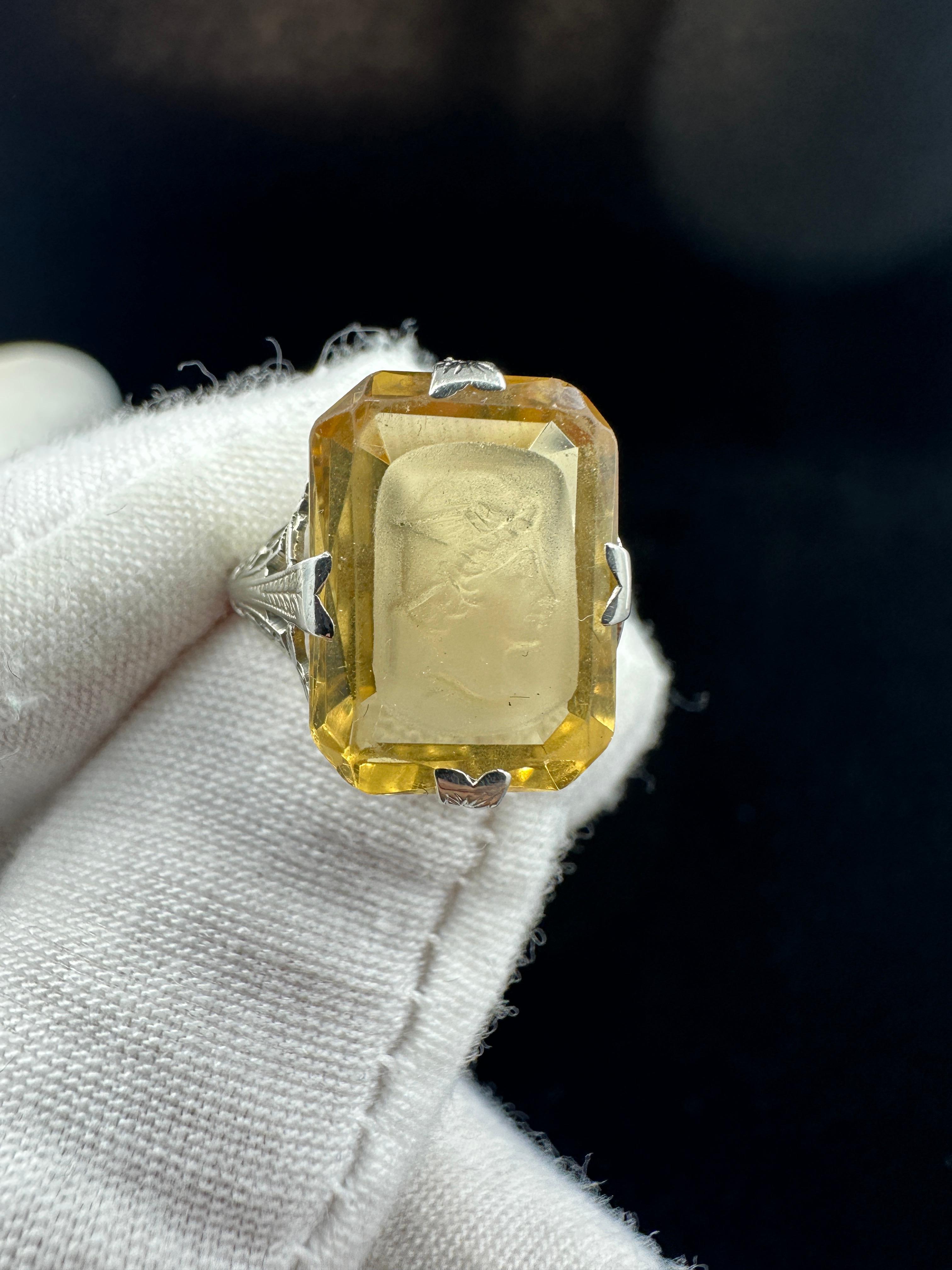 Hermes Mercury Citrine Intaglio Ring 18 Karat White Gold Neoclassical Victorian For Sale 4