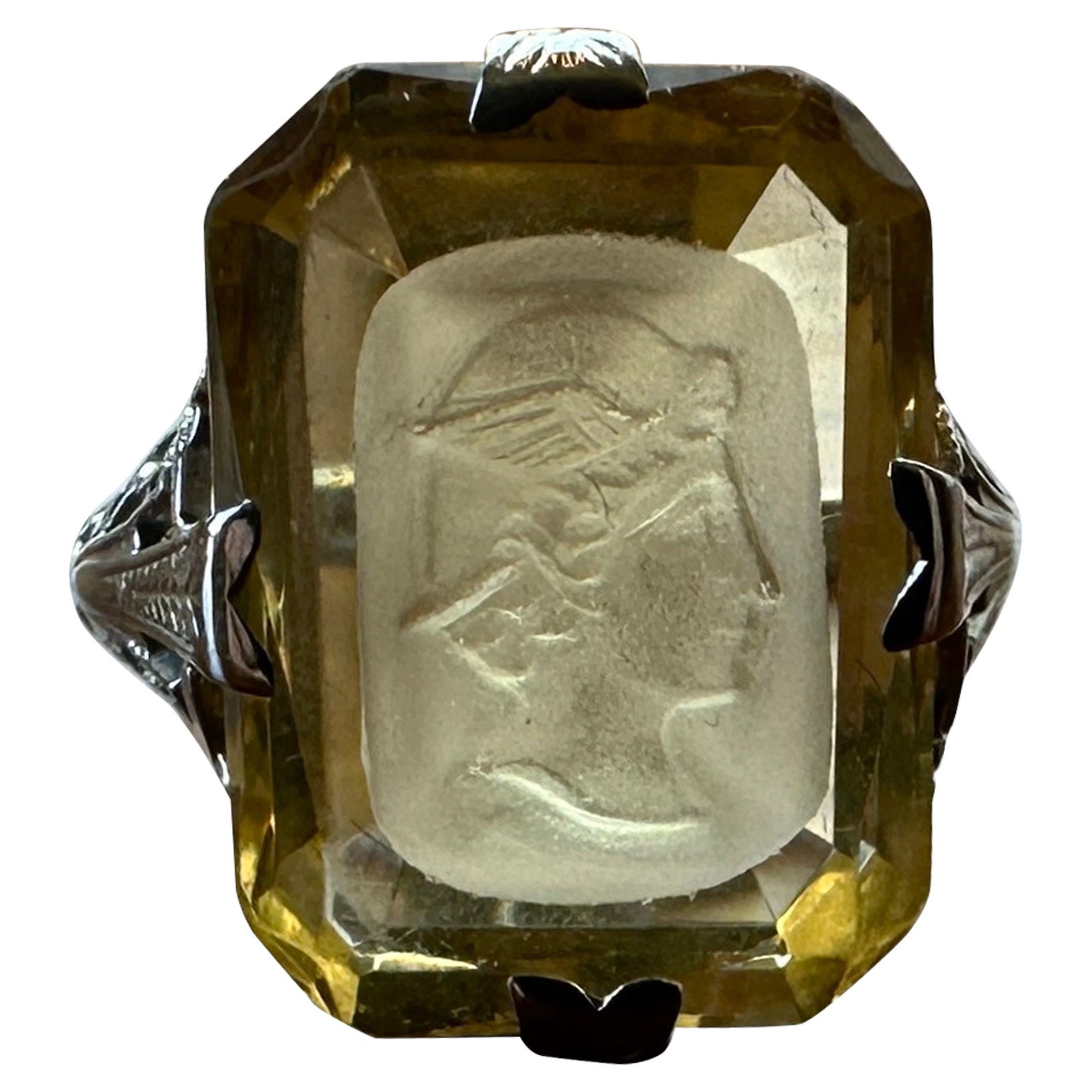 Hermes Mercury Citrine Intaglio Ring 18 Karat White Gold Neoclassical Victorian For Sale