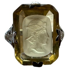 Hermes Mercury Citrine Intaglio Ring 18 Karat White Gold Neoclassical Victorian