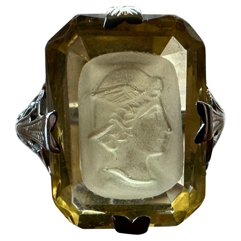 Hermes Mercury Citrine Intaglio Ring 18 Karat White Gold