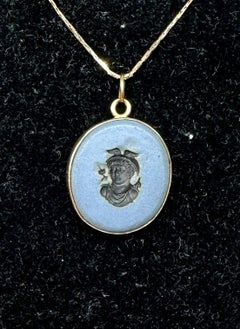 Hermes Mercury God Blue Jasper Cameo Intaglio Pendant Necklace Gold Victorian