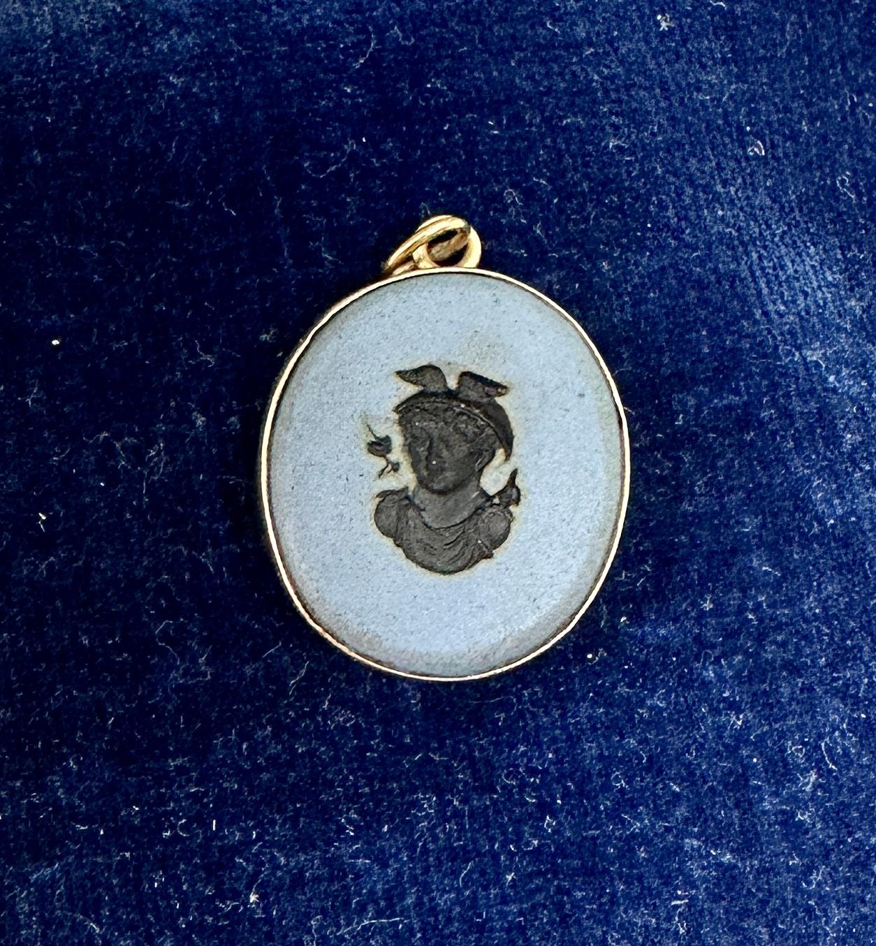 Hermes Mercury God Blue Jasper Cameo Intaglio Pendant Necklace Gold Victorian For Sale 1