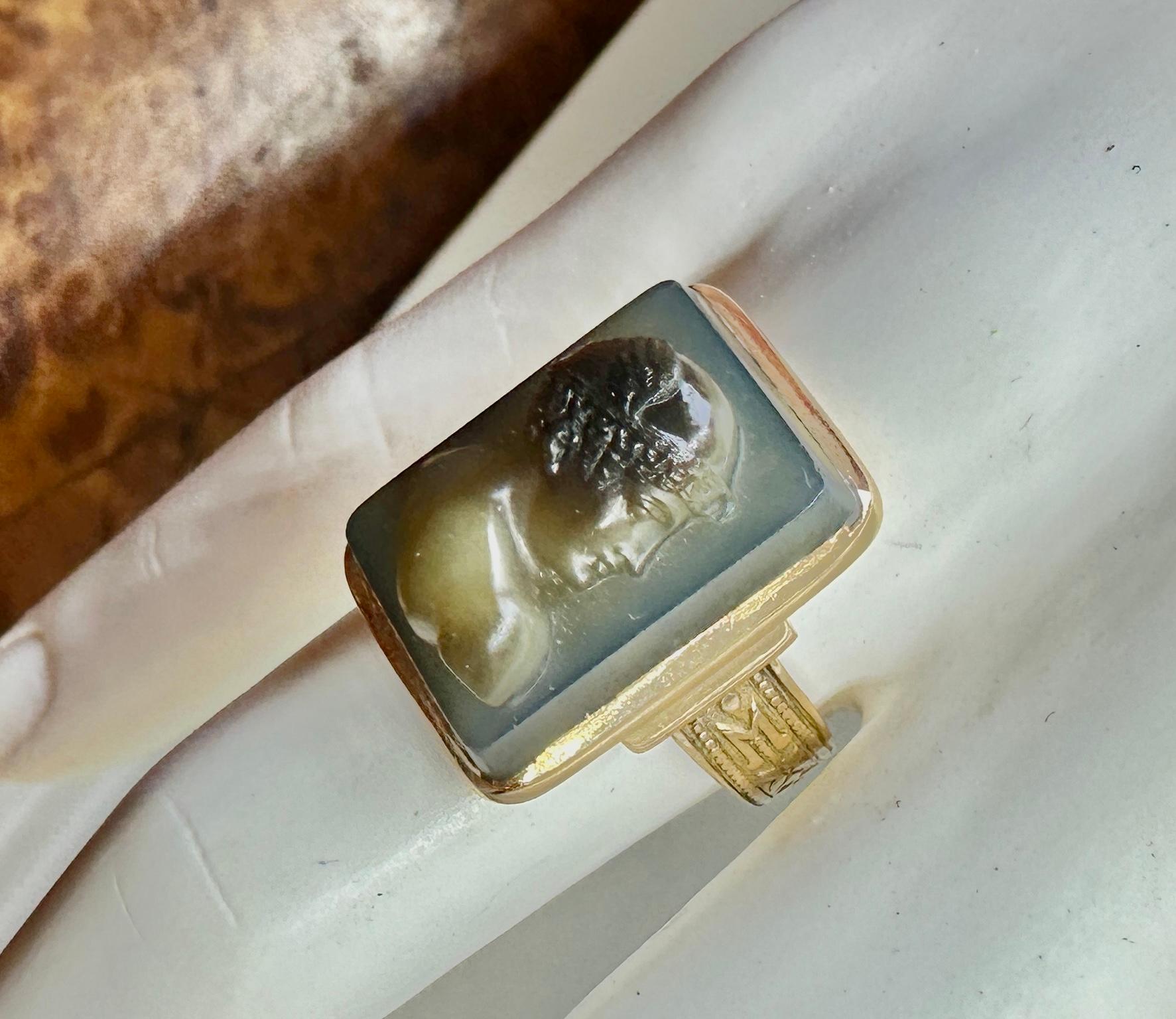 Portrait Cut Hermes Mercury Hardstone Cameo Ring Classic Victorian Agate Gold Deeply Carved For Sale