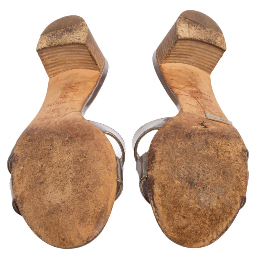 Hermes Metallic Beige Patent Leather Oasis Block Heel Slide Sandals Size 38 In Good Condition In Dubai, Al Qouz 2