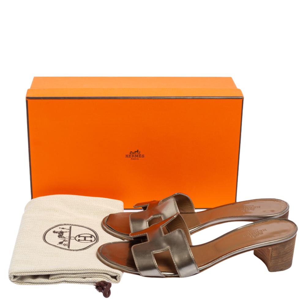 Hermes Metallic Beige Patent Leather Oasis Block Heel Slide Sandals Size 38 1