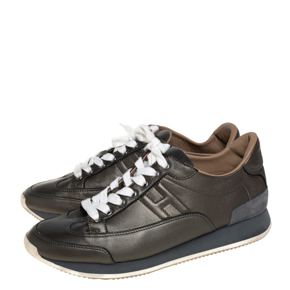 Hermes Metallic Grey Leather Trial Low Top Sneakers Size 39 2