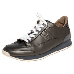 Hermes Metallic Grey Leather Trial Low Top Sneakers Size 39