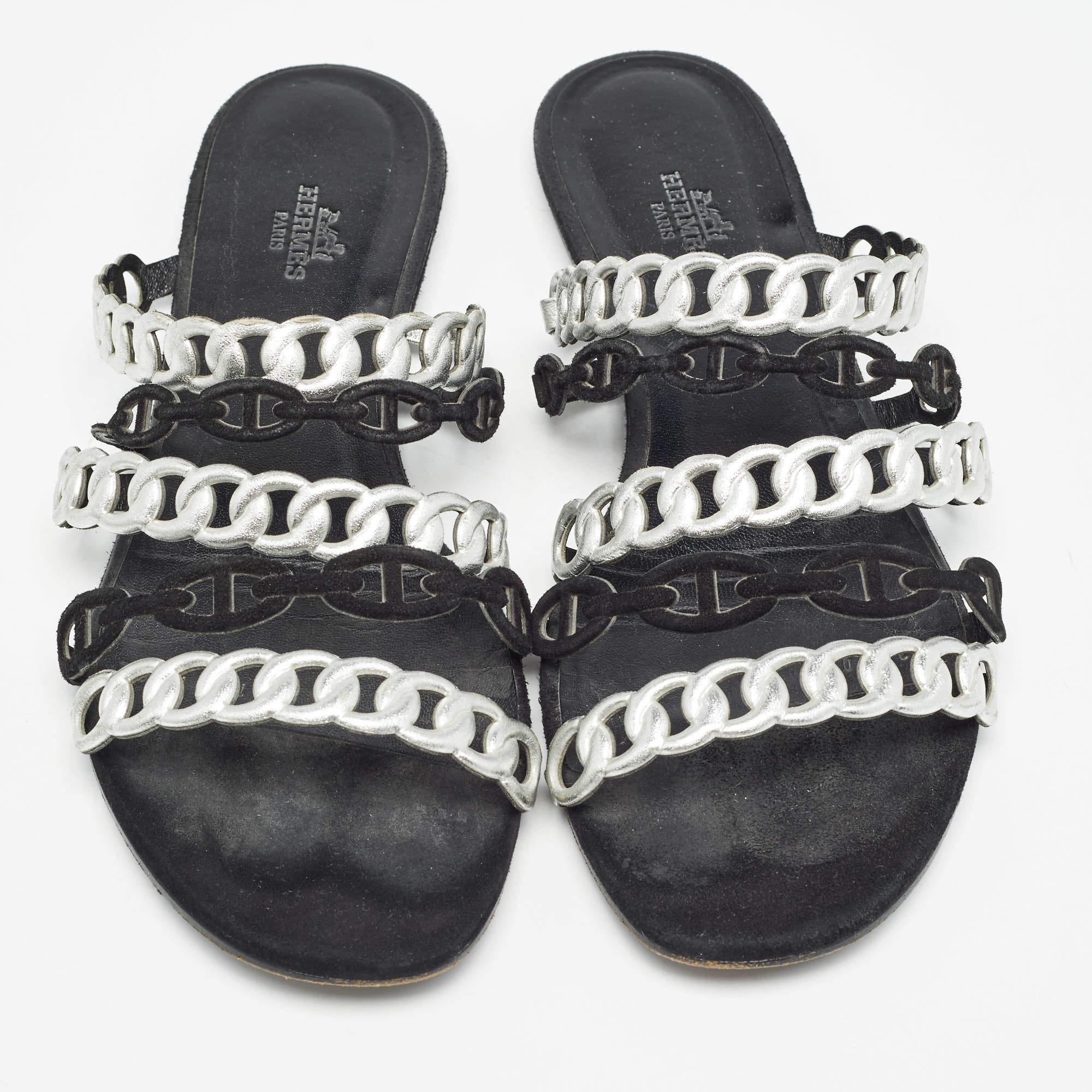 Black Hermes Metallic Leather Chaine D'ancre Flat Sandals Size 39