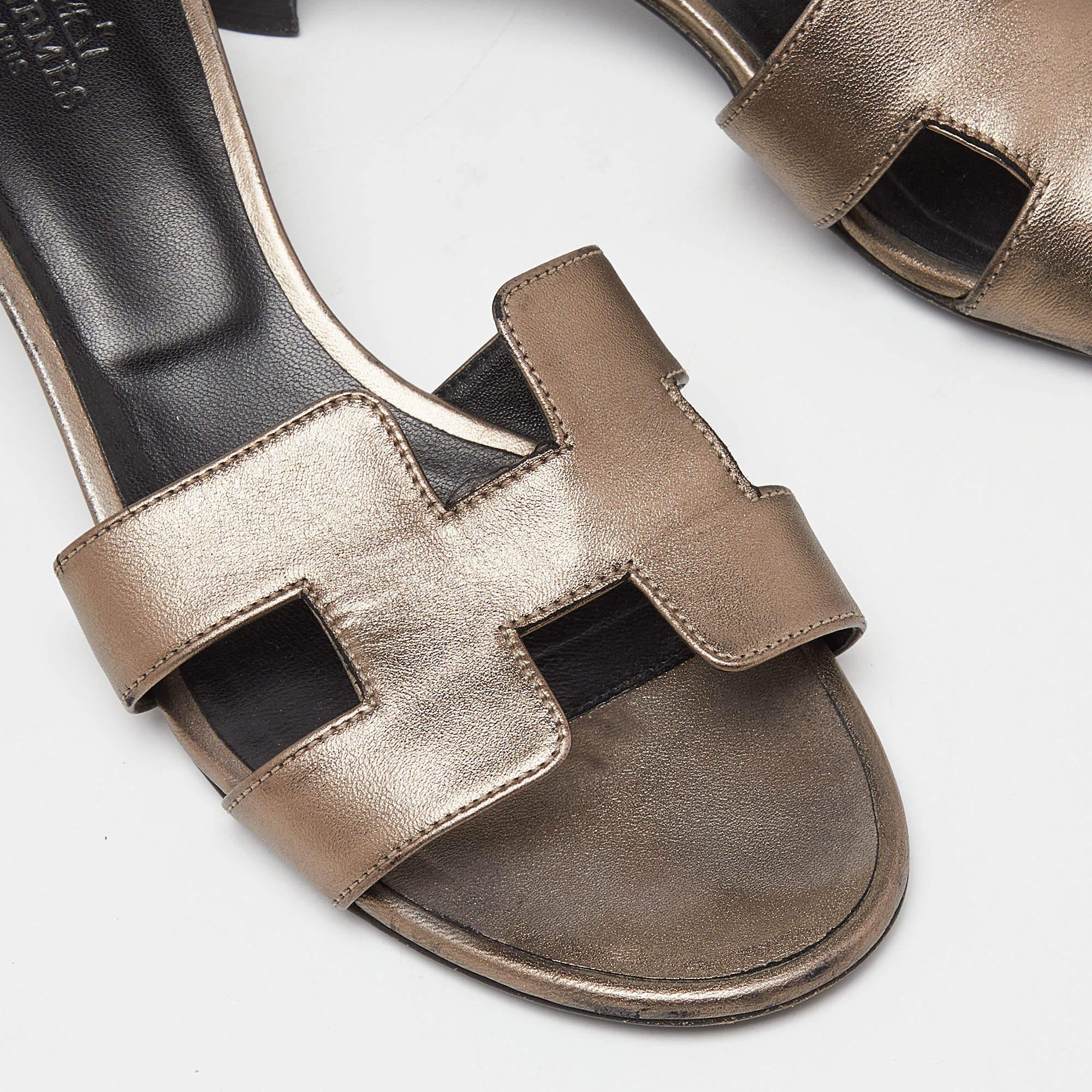 Women's Hermes Metallic Leather Oasis Slide Sandals Size 38