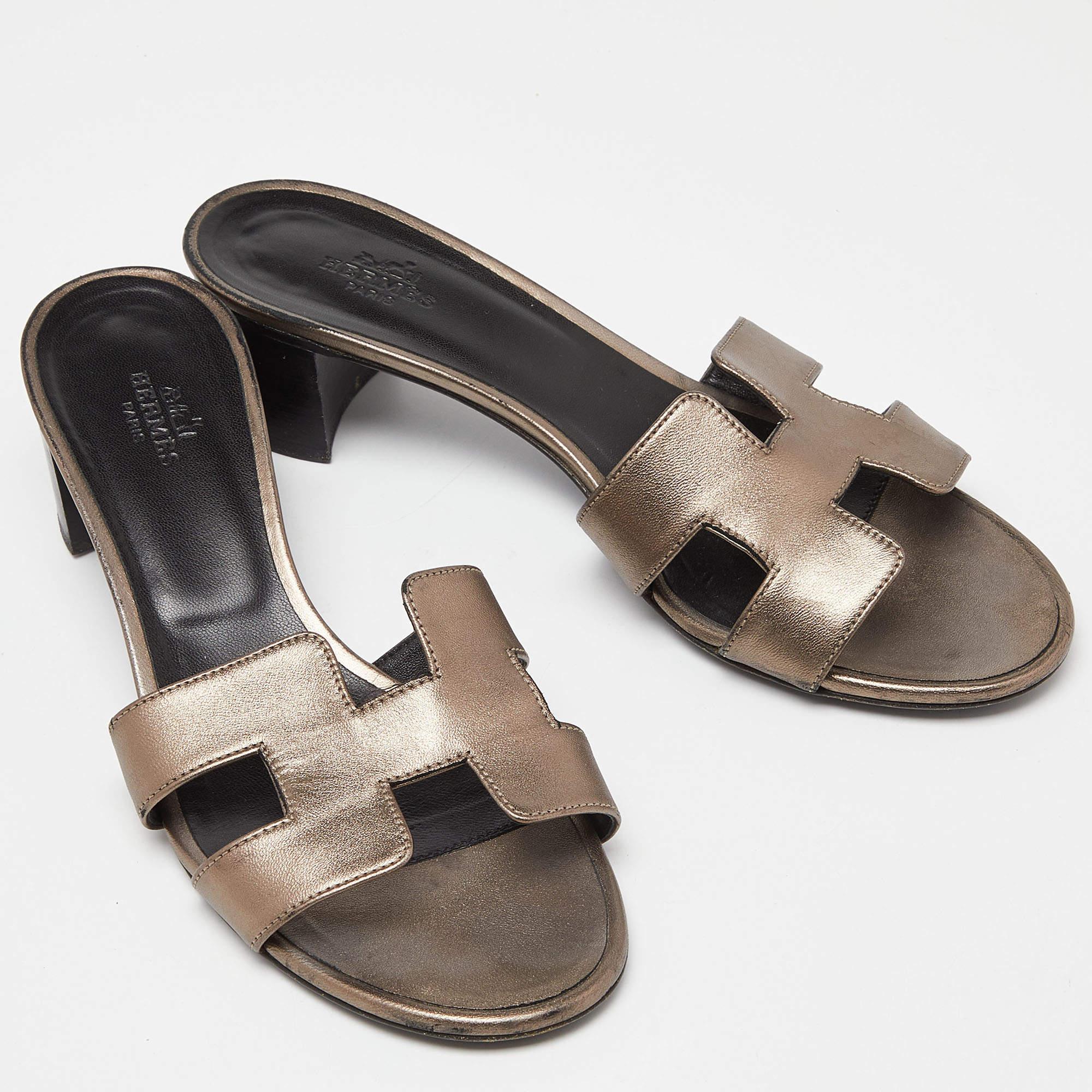 Hermes Metallic Leather Oasis Slide Sandals Size 38 1