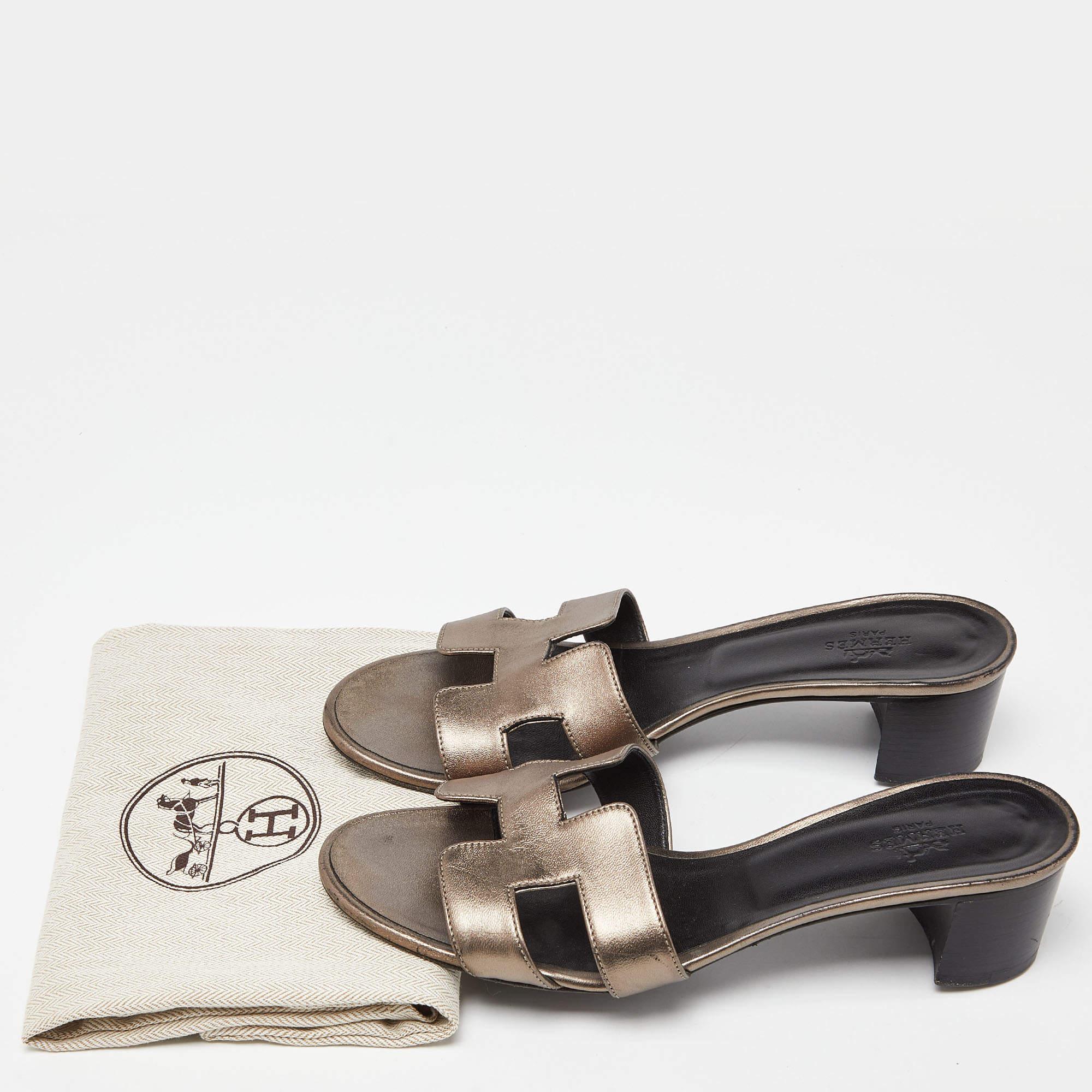 Hermes Metallic Leather Oasis Slide Sandals Size 38 5