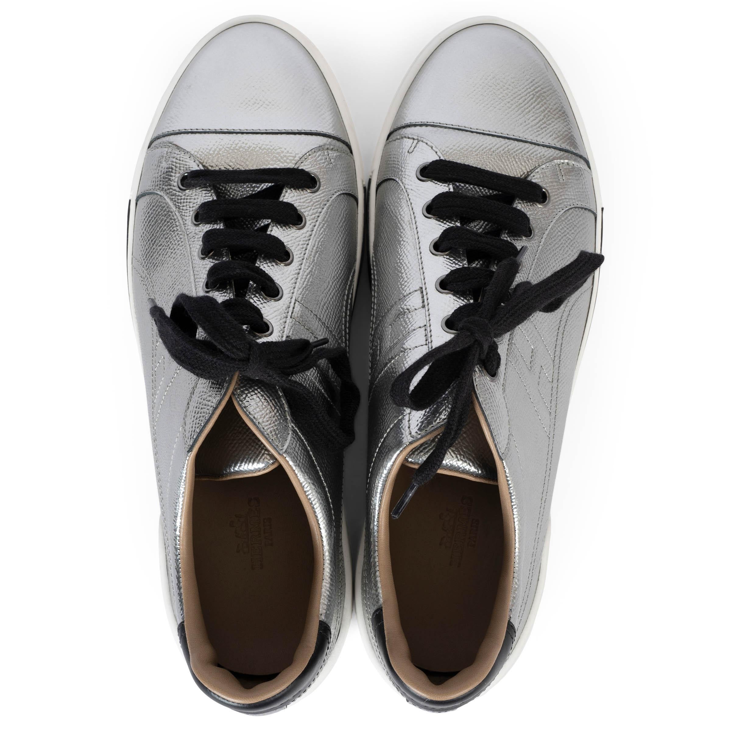 Women's HERMES metallic silver leather 2019 VOLTAGE PLATFORM Sneakers Shoes 41