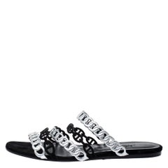 Hermes Metallic Silver Leather And Black Suede Chaine D'ancre Flat Sandals 40