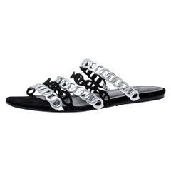 Hermes Metallic Silver Leather And Black Suede Chaine D'ancre Flat Sandals 40