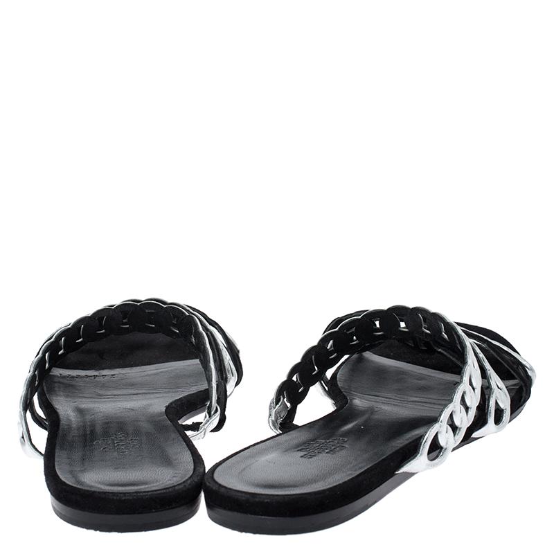 Women's Hermes Metallic Silver Leather & Black Suede Chaine D'ancre Flat Sandals Size 40