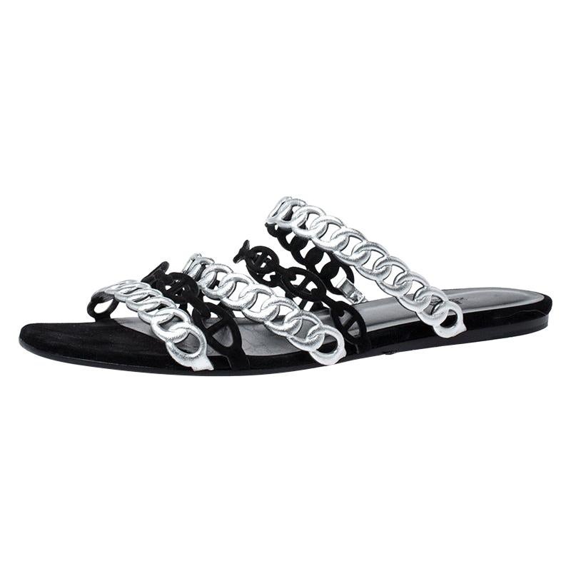 Hermes Metallic Silver Leather & Black Suede Chaine D'ancre Flat Sandals Size 40