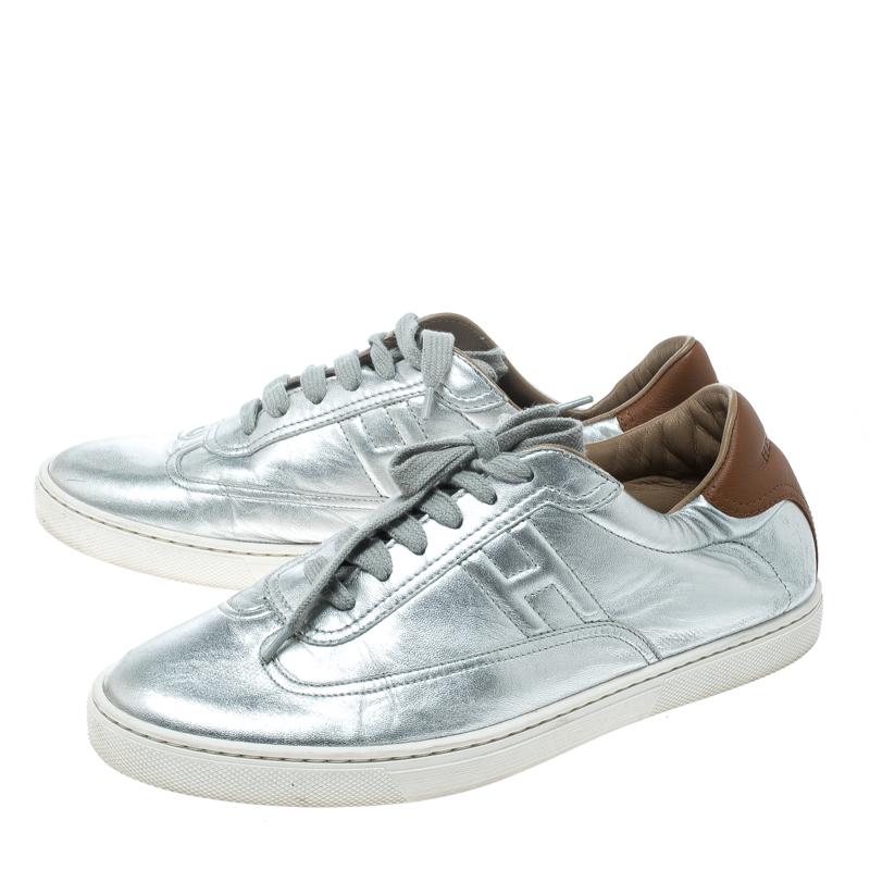 Hermes Metallic Silver Leather Quicker Sneakers Size 40 Damen