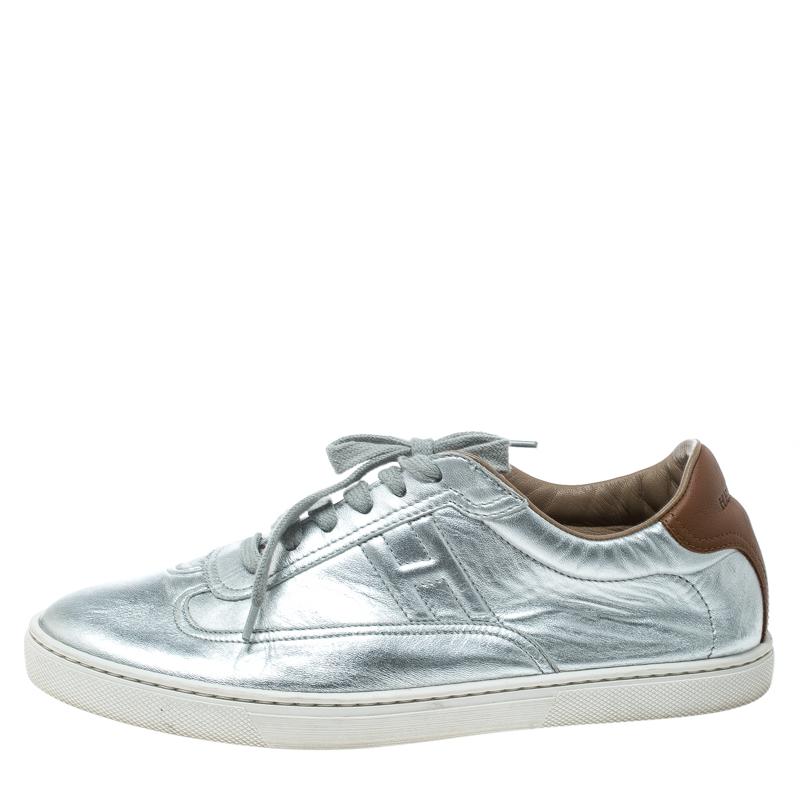 Hermes Metallic Silver Leather Quicker Sneakers Size 40 1