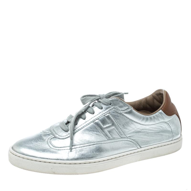 Hermes Metallic Silver Leather Quicker Sneakers Size 40