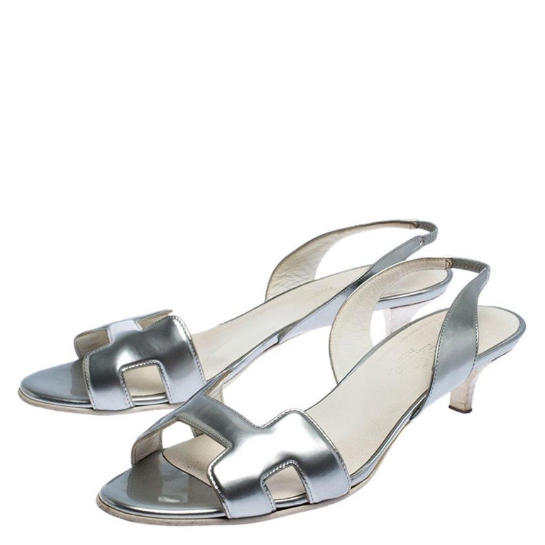 Hermes Metallic Silver Patent Leather Night Slingback Sandals Size 38.5 ...