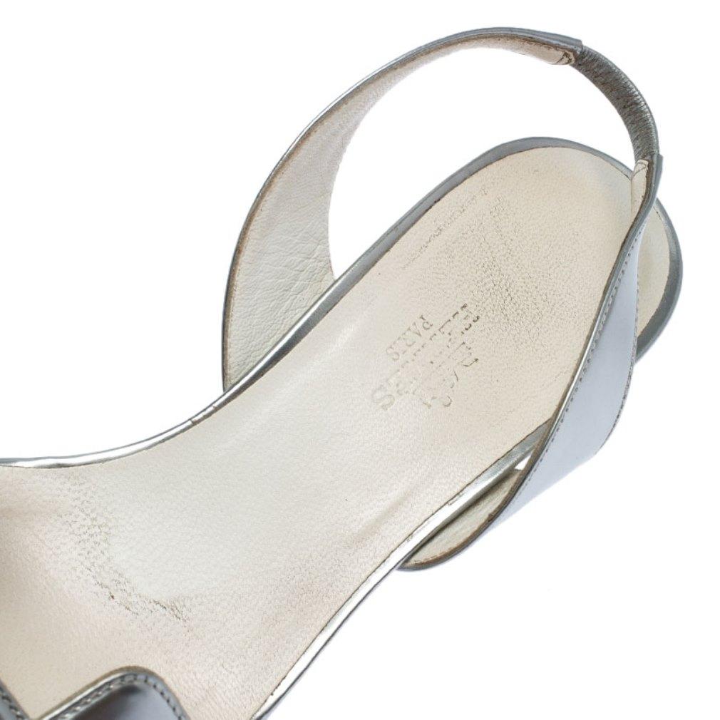 Hermes Metallic Silver Patent Leather Night Slingback Sandals Size 38.5 3