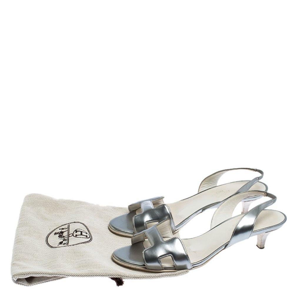 Hermes Metallic Silver Patent Leather Night Slingback Sandals Size 38.5 4