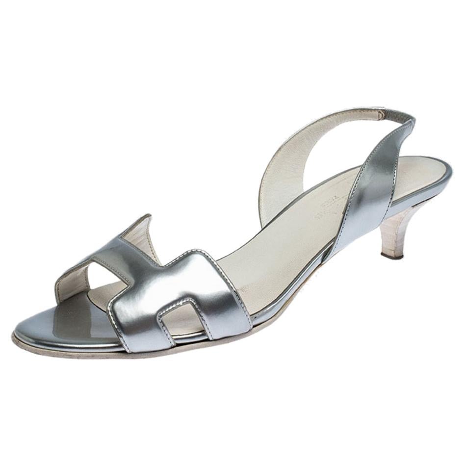 Hermes Metallic Silver Patent Leather Night Slingback Sandals Size 38.5