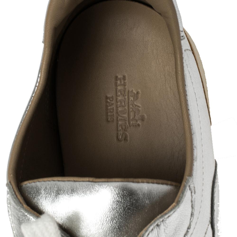 Gray Hermès Metallic Silver/Tan Leather Trail Low Top Sneakers Size 40