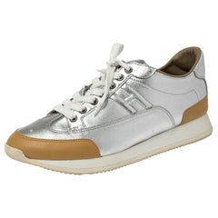 Hermès Metallic Silver/Tan Leather Trail Low Top Sneakers Size 40