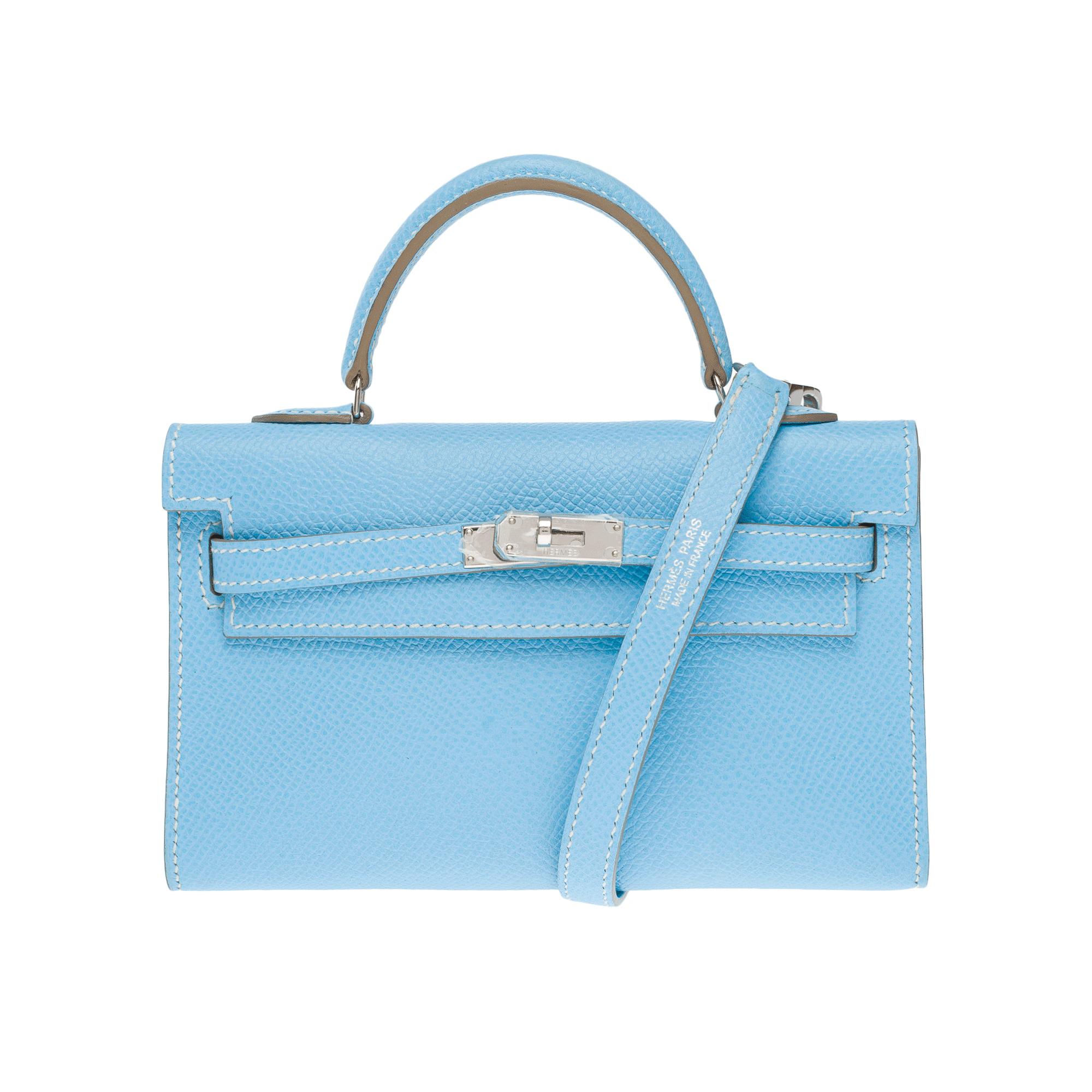Orange Hermès Micro Kelly 15 handbag strap in Bleu Celeste Epsom leather , PHW For Sale