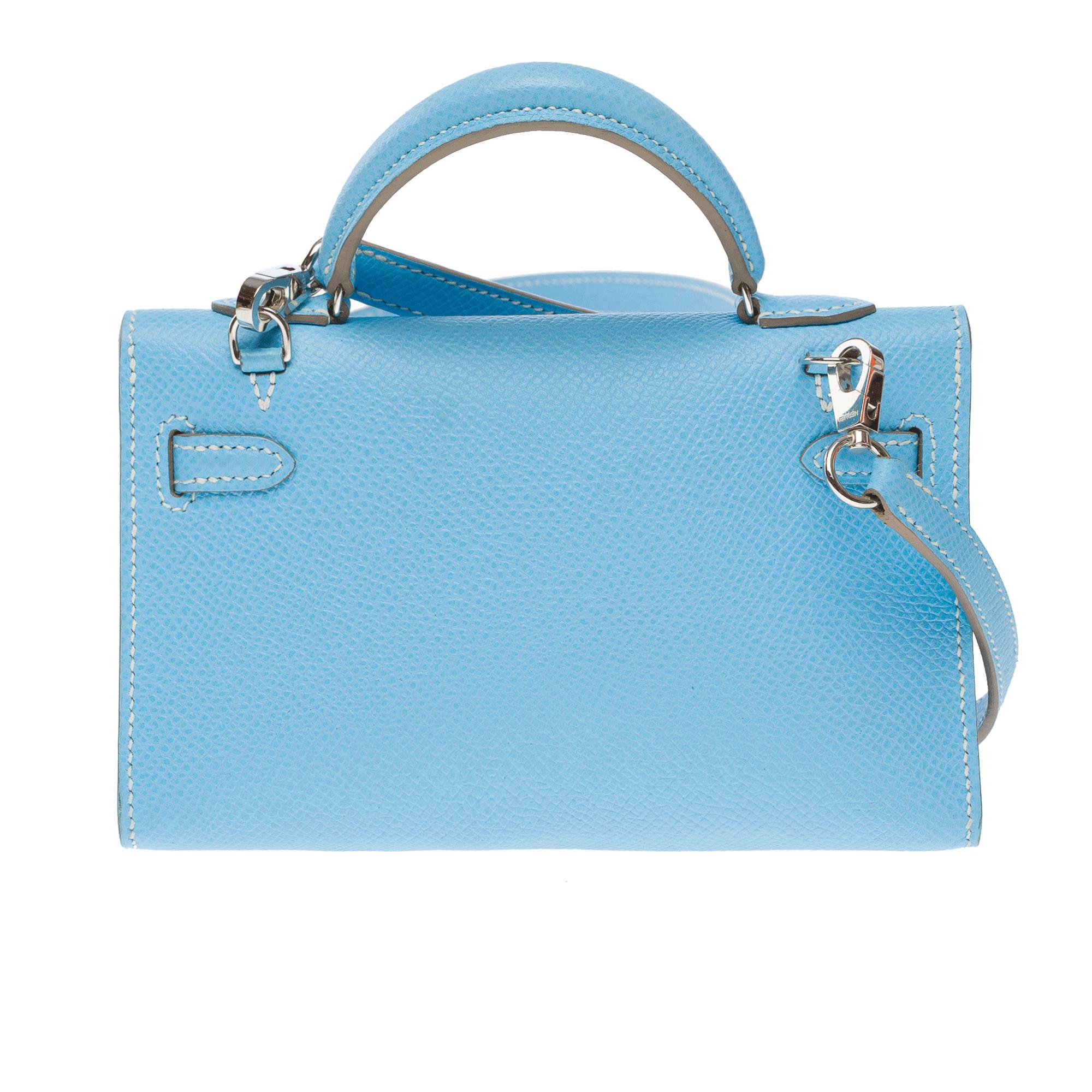 Hermès Micro Kelly 15 handbag strap in Bleu Celeste Epsom leather , PHW In Excellent Condition For Sale In Paris, IDF