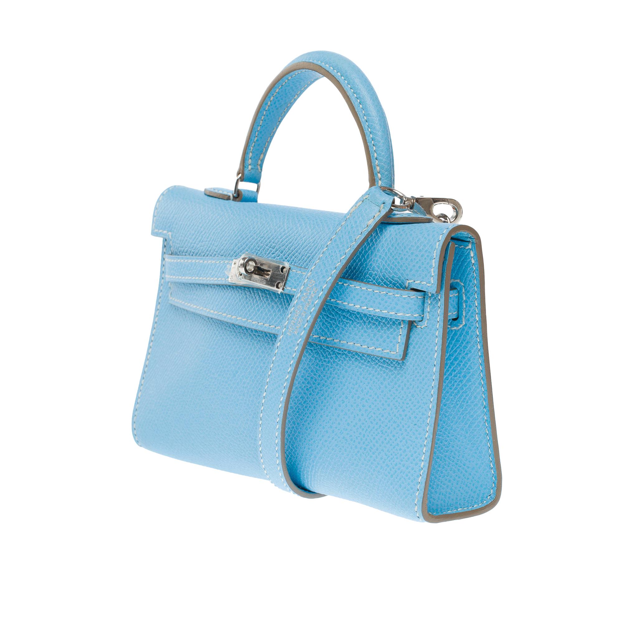 Women's Hermès Micro Kelly 15 handbag strap in Bleu Celeste Epsom leather , PHW For Sale
